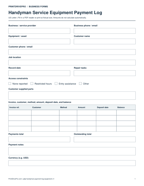 Preview of Handyman Service Equipment Payment Log
