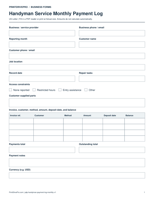 Preview of Handyman Service Monthly Payment Log
