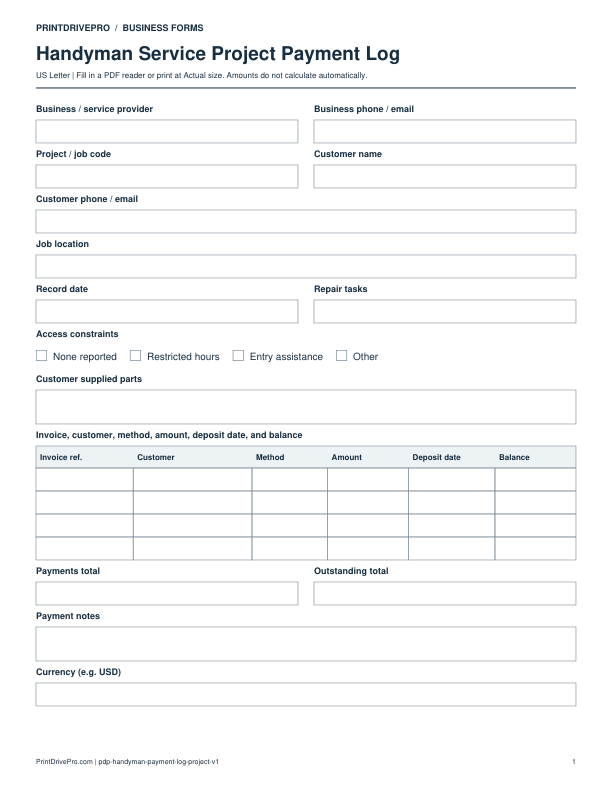 Preview of Handyman Service Project Payment Log