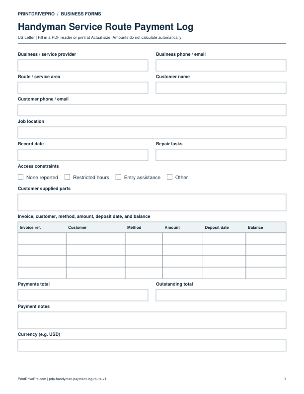 Preview of Handyman Service Route Payment Log