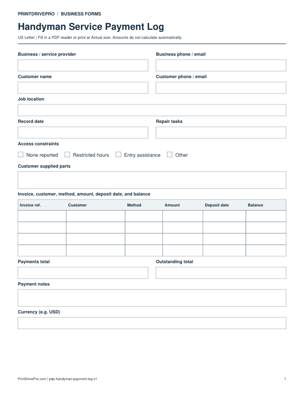 Preview of Handyman Service Payment Log