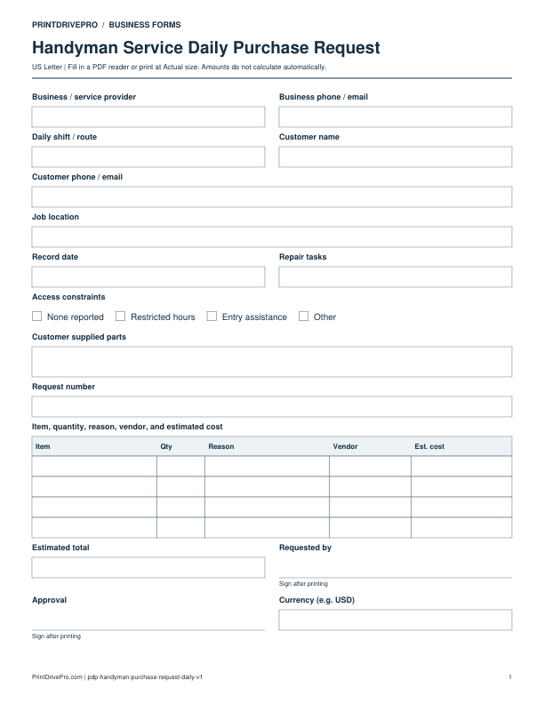 Preview of Handyman Service Daily Purchase Request
