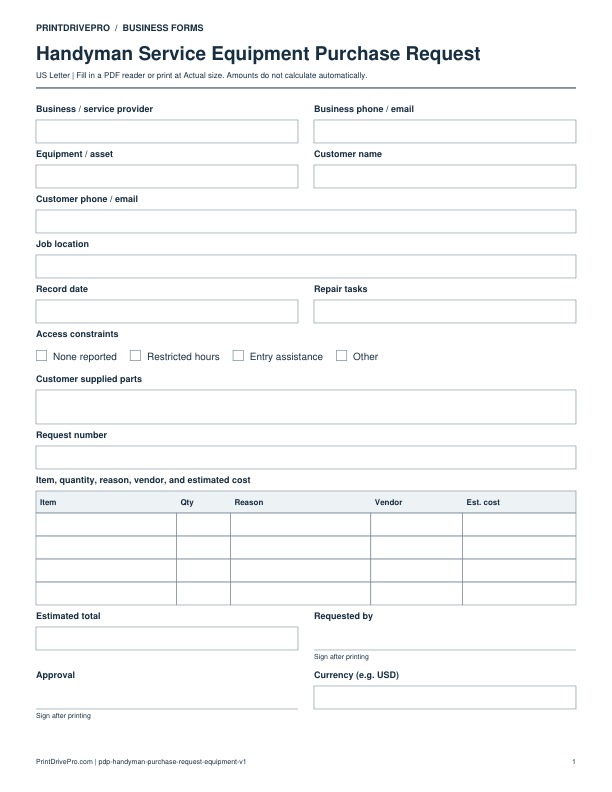 Preview of Handyman Service Equipment Purchase Request