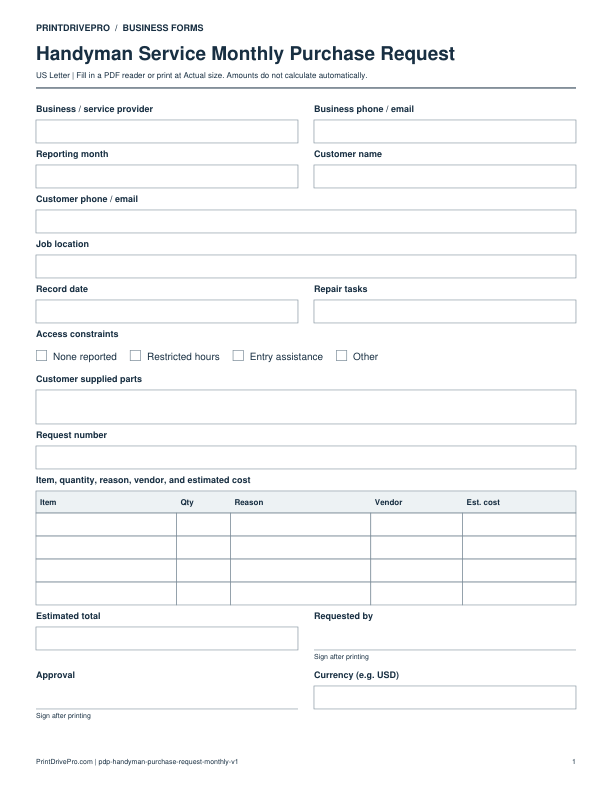Preview of Handyman Service Monthly Purchase Request