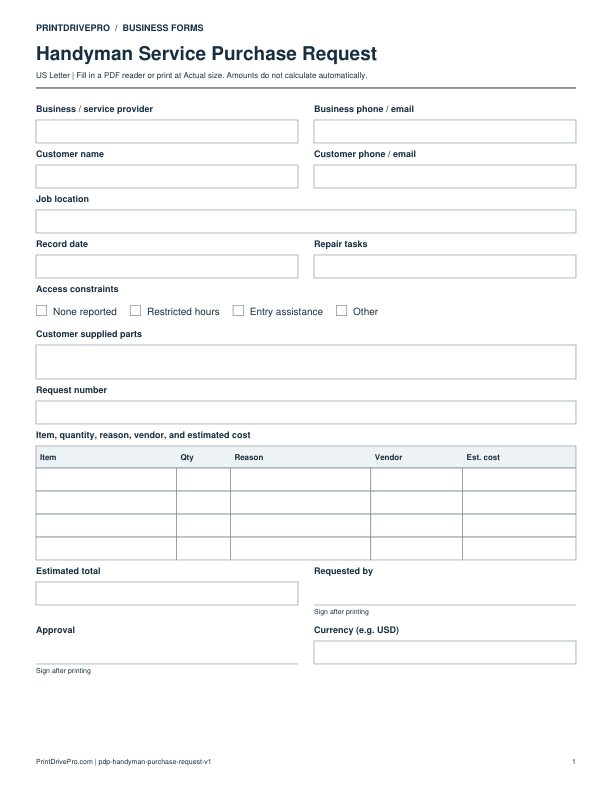 Preview of Handyman Service Purchase Request
