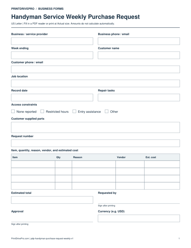 Preview of Handyman Service Weekly Purchase Request