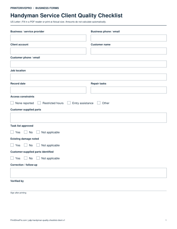 Preview of Handyman Service Client Quality Checklist