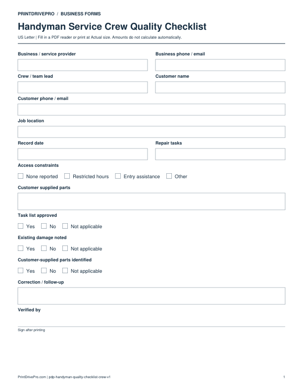 Preview of Handyman Service Crew Quality Checklist