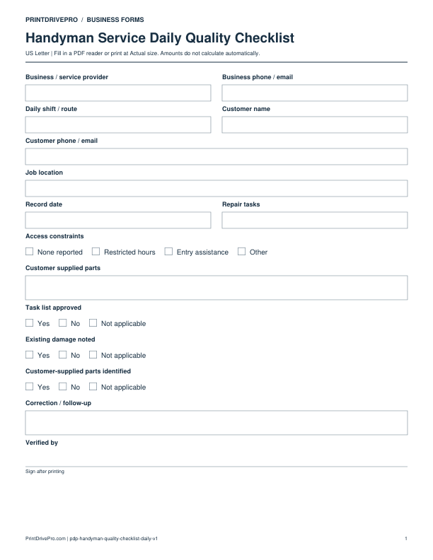 Preview of Handyman Service Daily Quality Checklist