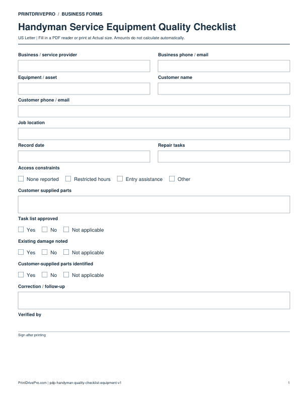 Preview of Handyman Service Equipment Quality Checklist