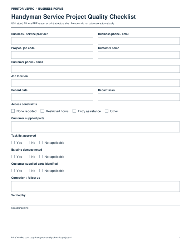 Preview of Handyman Service Project Quality Checklist