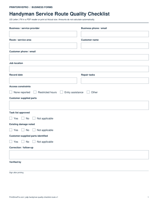 Preview of Handyman Service Route Quality Checklist