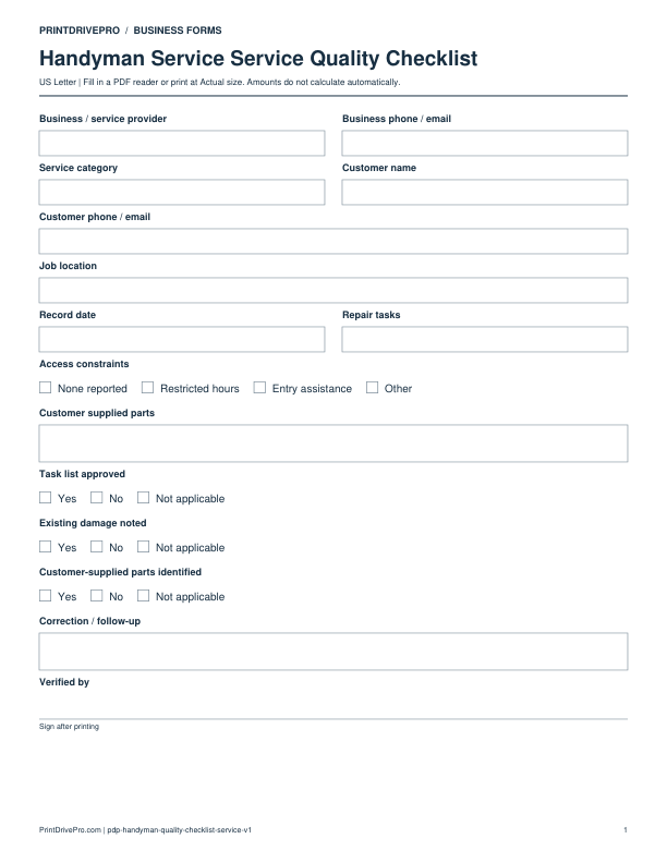 Preview of Handyman Service Quality Checklist