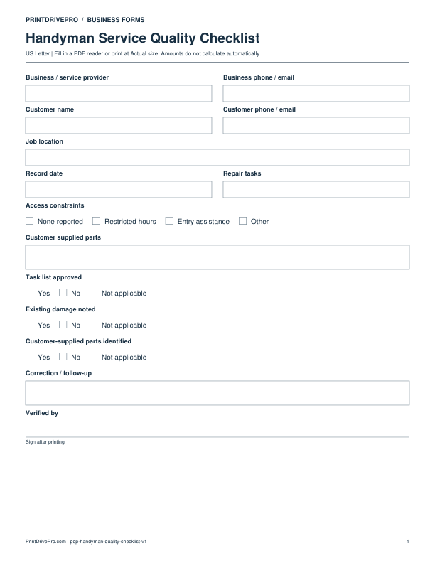 Preview of Handyman Service Quality Checklist