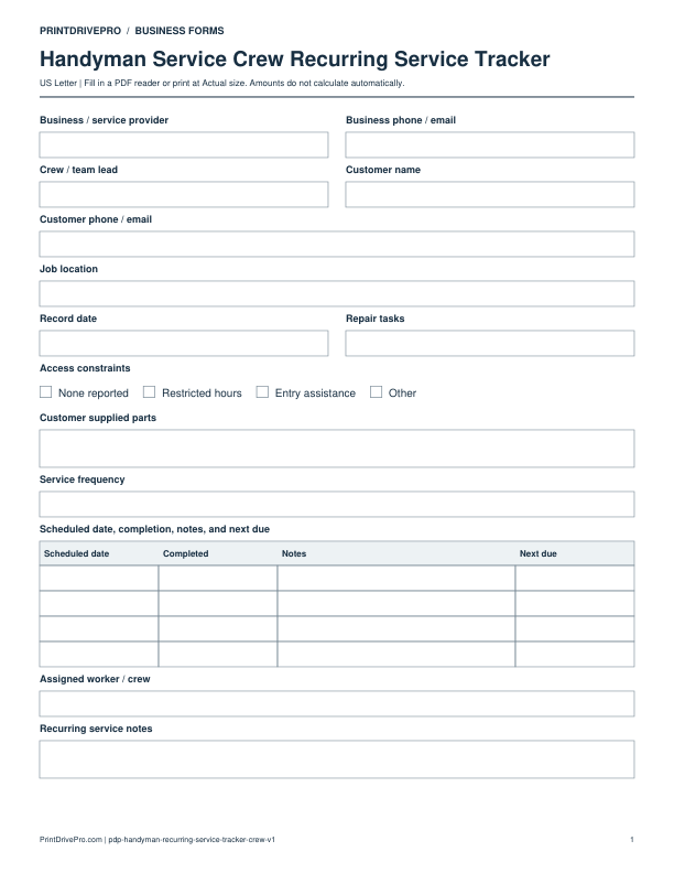 Preview of Handyman Service Crew Recurring Service Tracker
