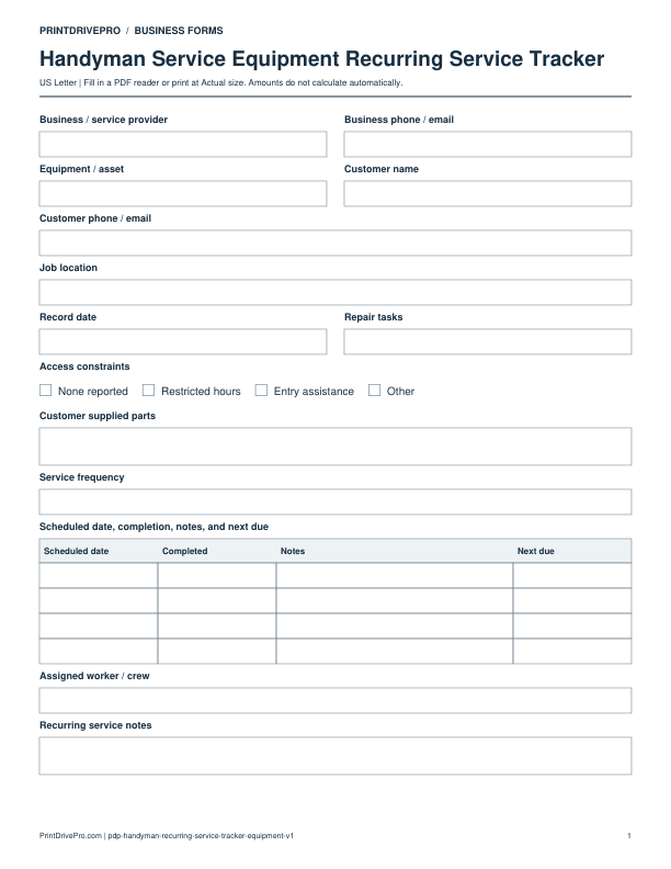 Preview of Handyman Service Equipment Recurring Service Tracker