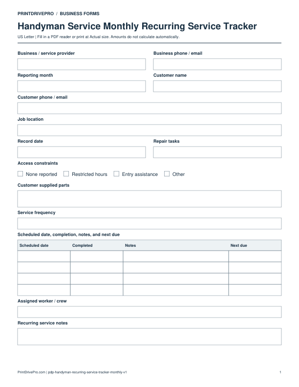Preview of Handyman Service Monthly Recurring Service Tracker