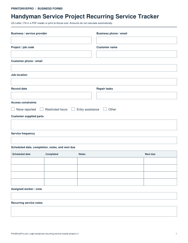 Preview of Handyman Service Project Recurring Service Tracker