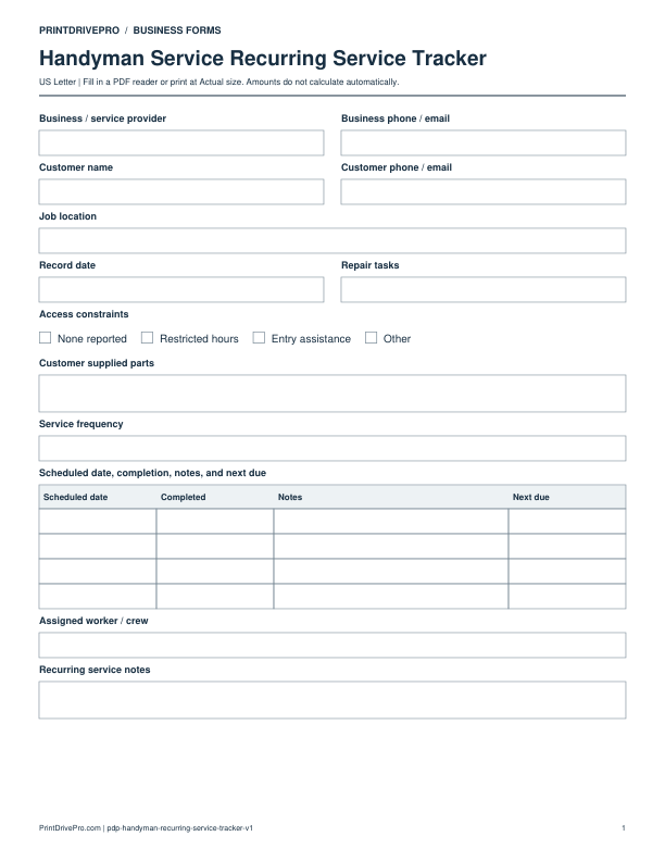 Preview of Handyman Service Recurring Service Tracker