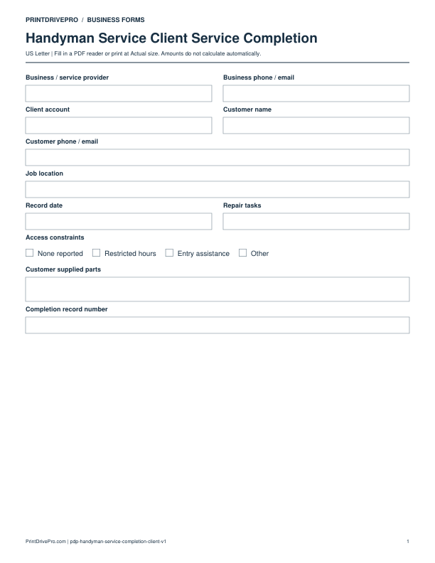Preview of Handyman Service Client Service Completion