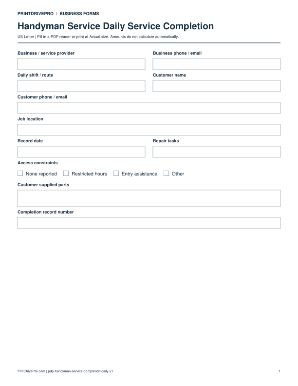 Preview of Handyman Service Daily Service Completion