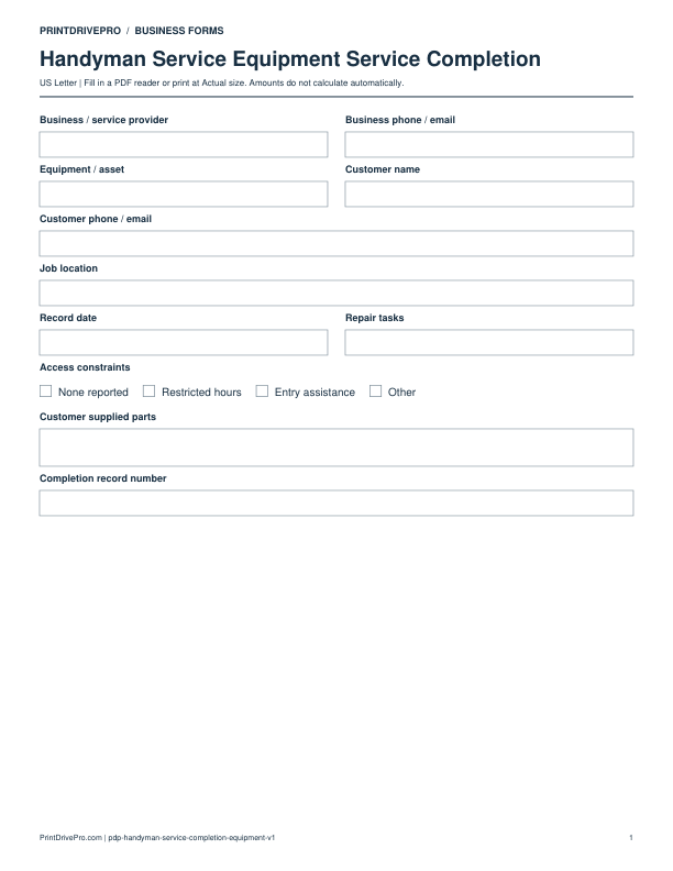 Preview of Handyman Service Equipment Service Completion