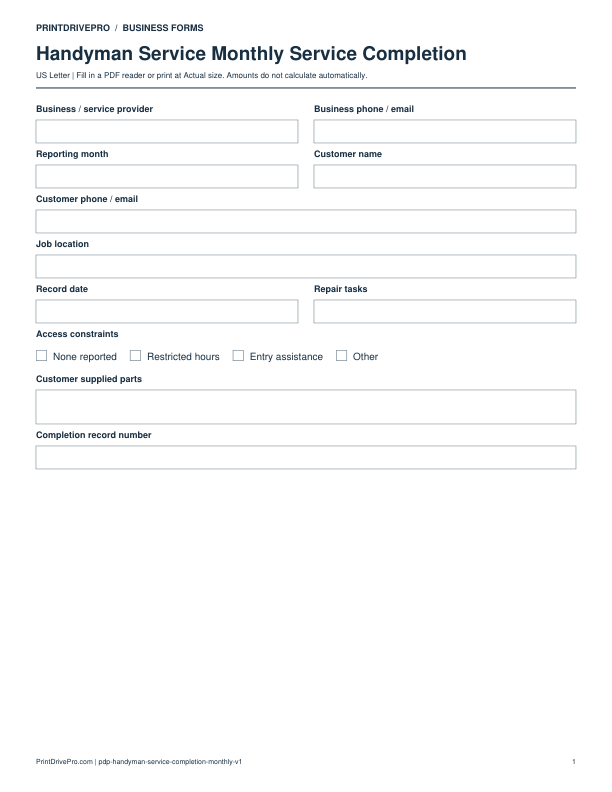 Preview of Handyman Service Monthly Service Completion