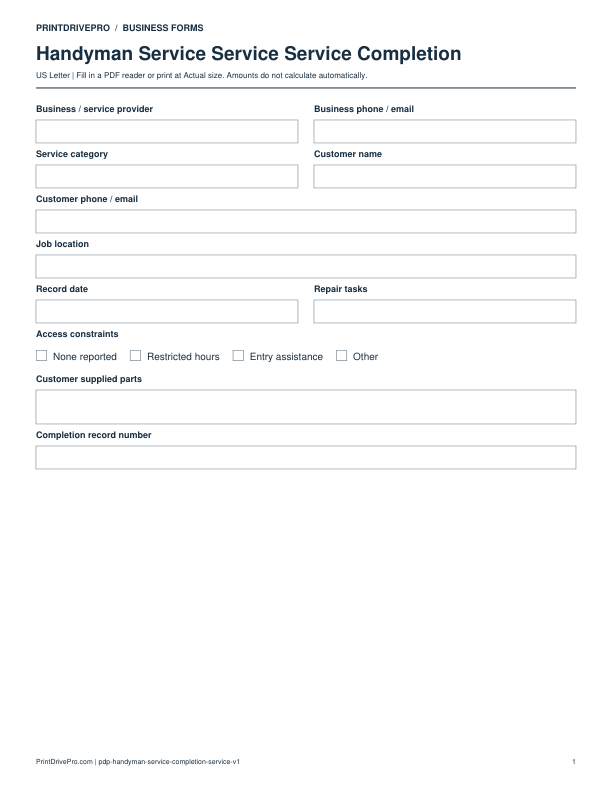 Preview of Handyman Service Service Service Completion