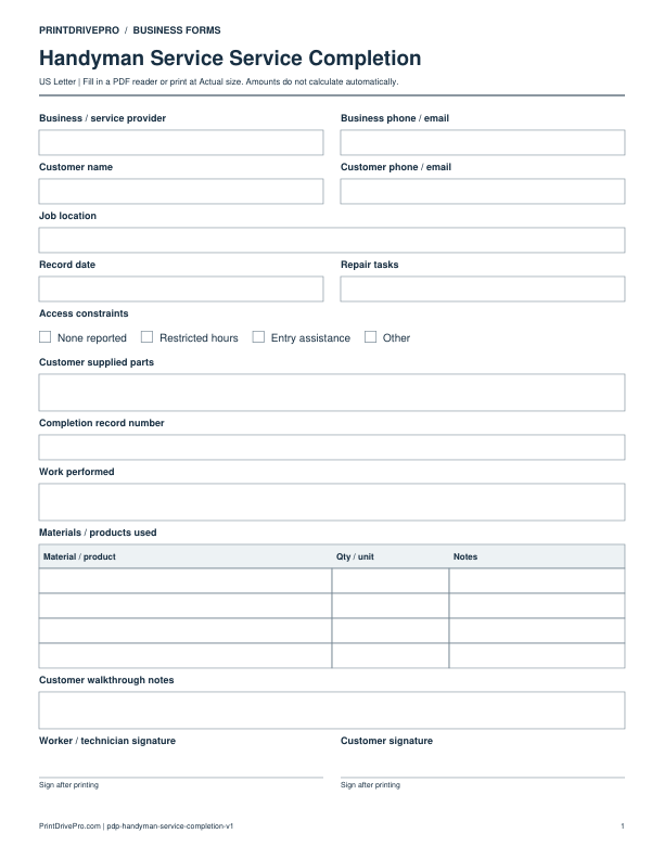 Preview of Handyman Service Service Completion