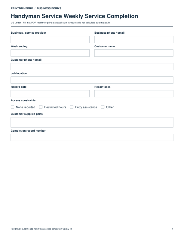 Preview of Handyman Service Weekly Service Completion