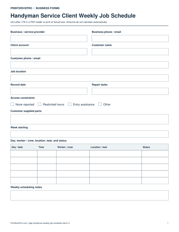 Preview of Handyman Service Client Weekly Job Schedule