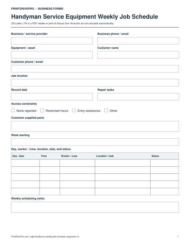 Preview of Handyman Service Equipment Weekly Job Schedule