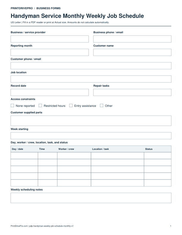 Preview of Handyman Service Monthly Weekly Job Schedule