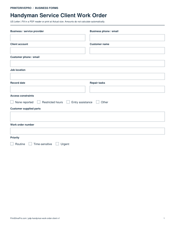 Preview of Handyman Service Client Work Order