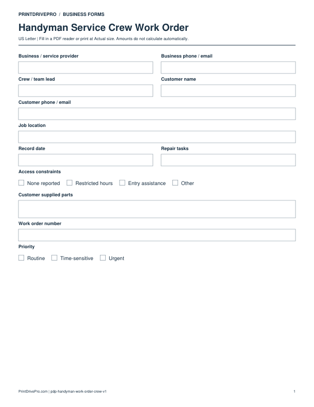 Preview of Handyman Service Crew Work Order