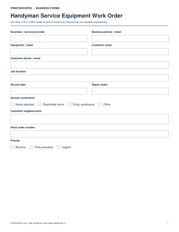 Preview of Handyman Service Equipment Work Order