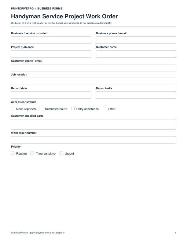 Preview of Handyman Service Project Work Order