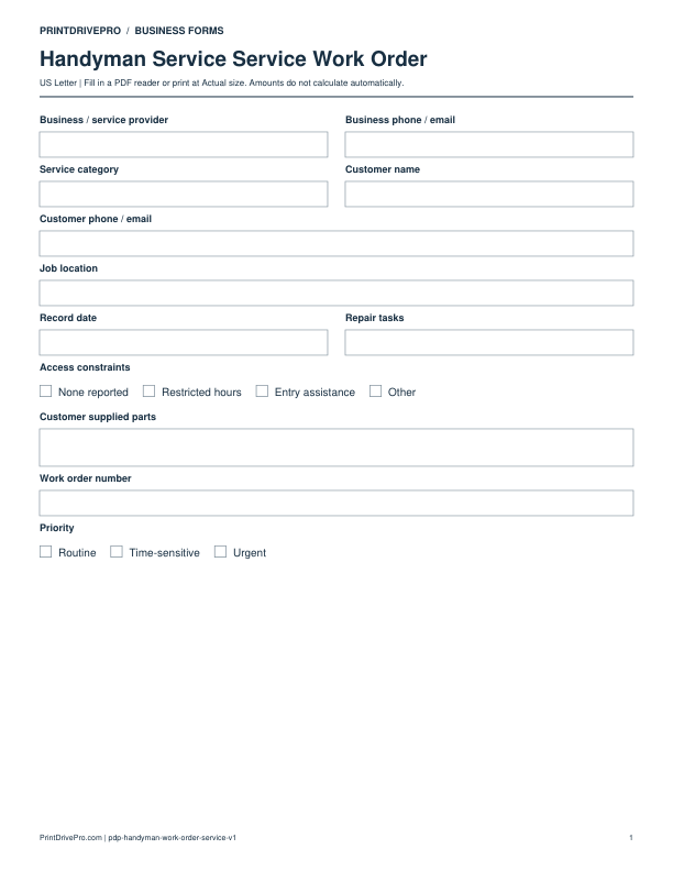 Preview of Handyman Service Service Work Order