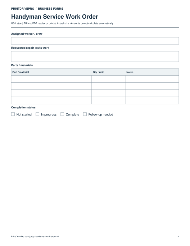 Page 2 of Handyman Service Work Order Printable