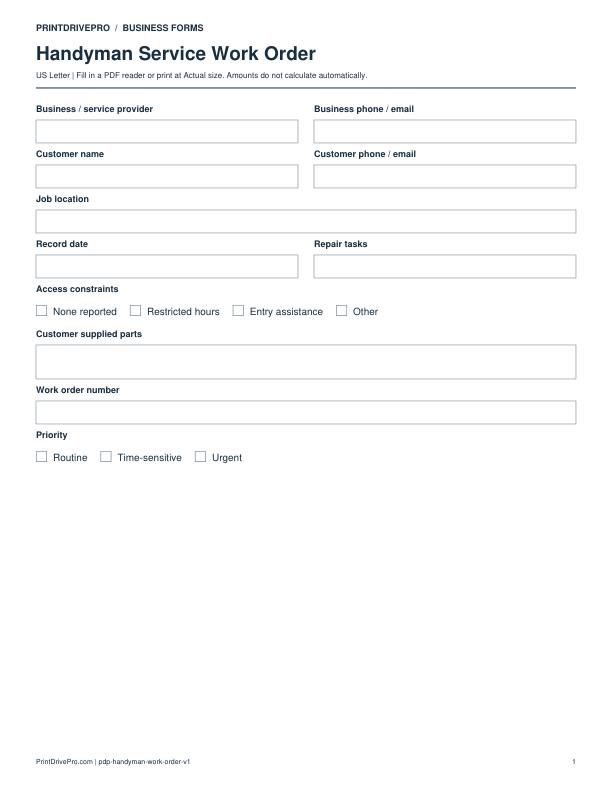 Preview of Handyman Service Work Order