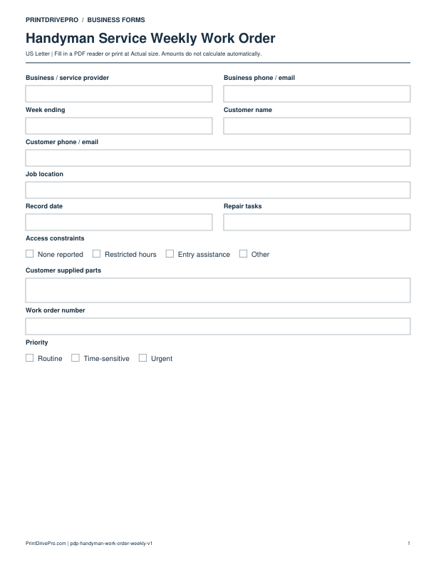 Preview of Handyman Service Weekly Work Order