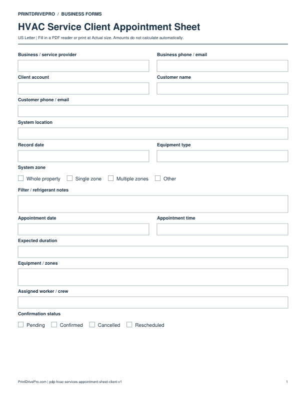 Preview of HVAC Service Client Appointment Sheet