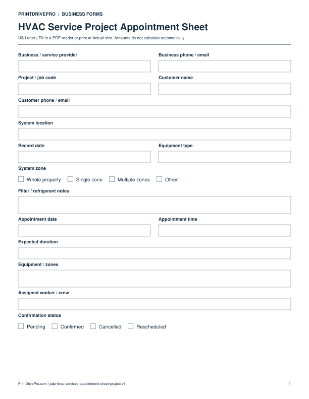 Preview of HVAC Service Project Appointment Sheet