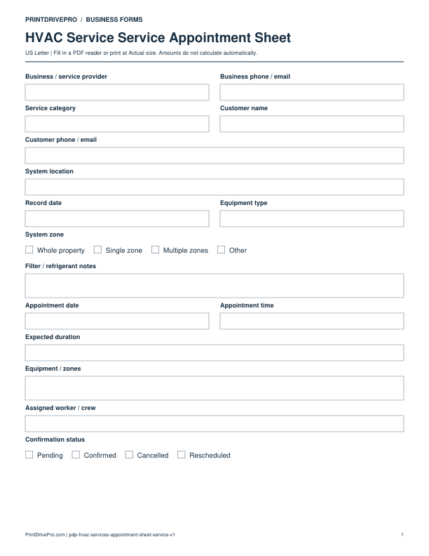 Preview of HVAC Service Service Appointment Sheet