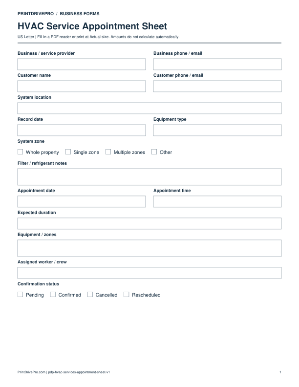 Preview of HVAC Service Appointment Sheet