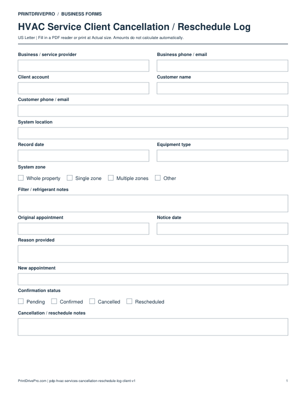 Preview of HVAC Service Client Cancellation / Reschedule Log