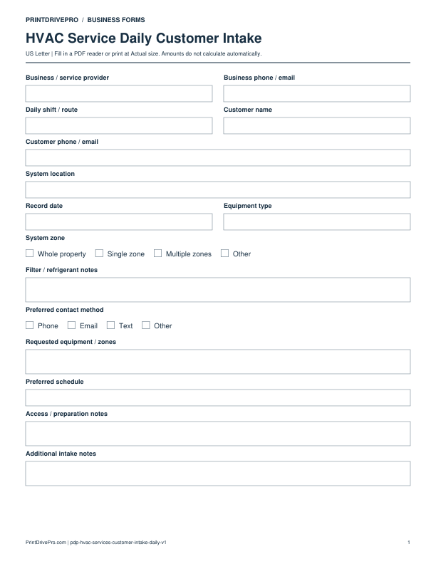 Preview of HVAC Service Daily Customer Intake