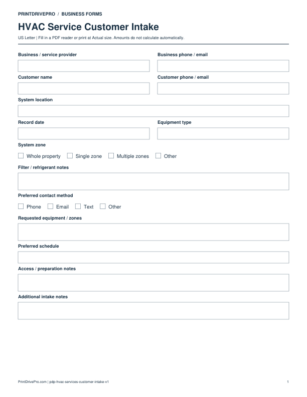 Preview of HVAC Service Customer Intake