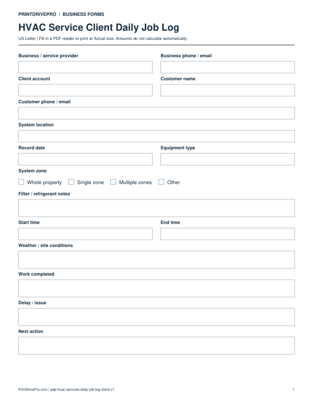 Preview of HVAC Service Client Daily Job Log