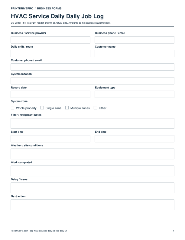 Preview of HVAC Service Daily Daily Job Log
